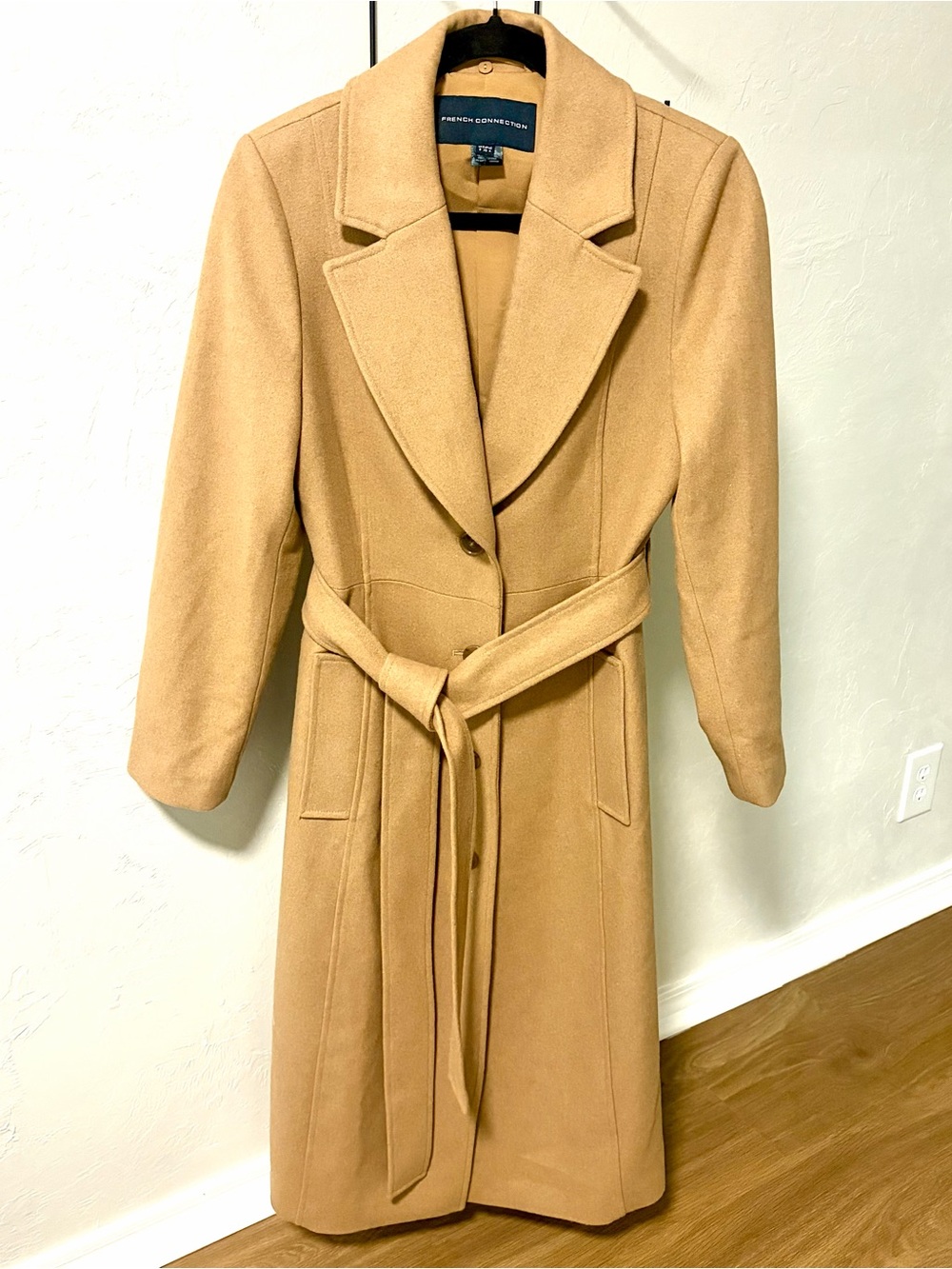 🍂FALL’26🔥 French Connection Camel Wool Blend Belted Trench Coat Sz. 4/Small - Picture 3 of 9
